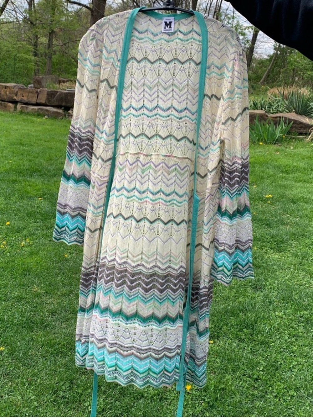 M Missoni Chevron Sparkly Knit Wrap Cardigan in Teal and Cream